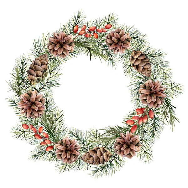 Akvarell Karácsonyi koszorú bogyós gyümölcsök, fenyőtobozok és faágak. Kézzel festett fenyő határon izolált fehér háttér. Virágos nyomtatási terv, nyomtatás vagy háttér. — Stock Fotó