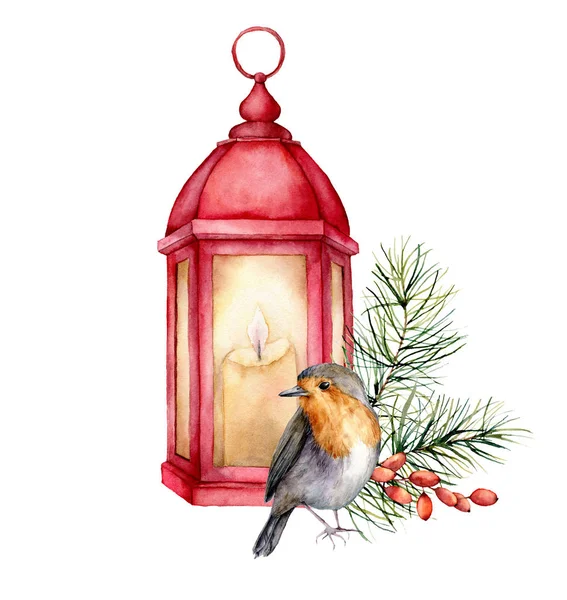 Akvarell kártya vörösbegy, Lámpás és karácsonyi virágos dekorációval. Kézzel festett madár, hagyományos fenyő-ág és bogyó elszigetelt fehér háttér. Ünnepi nyomtatás nyomtatásra, nyomtatásra vagy háttérre. — Stock Fotó