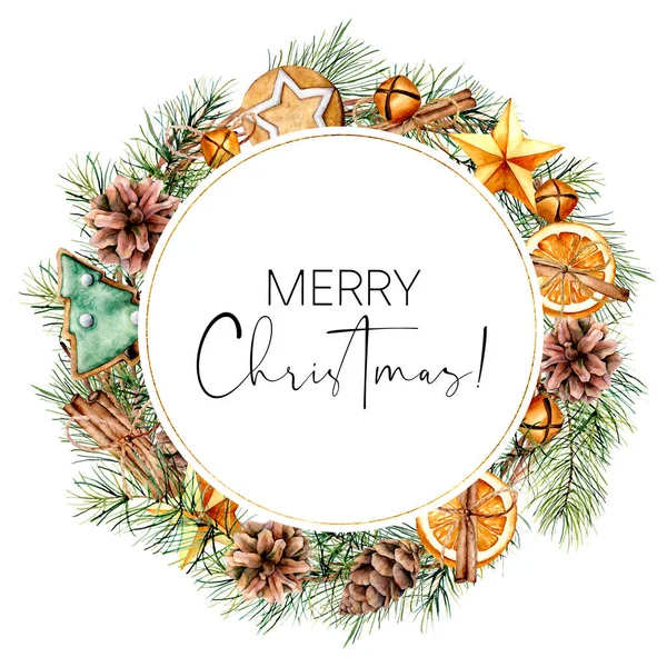 Watercolor Merry Christmas card with winter decor. Hand painted fir wreath with cones, branches, cookies, orange slices, bells isolated on white background. Floral illustration for design or print. — Stock Photo, Image