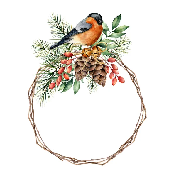 Aquarel kerstkrans met bullfinch en bessen. Met de hand geschilderde eucalyptus bladeren, dennenappels, bessen, sparren takken geïsoleerd op witte achtergrond. Vakantie symbool voor ontwerp, bedrukking of achtergrond. — Stockfoto