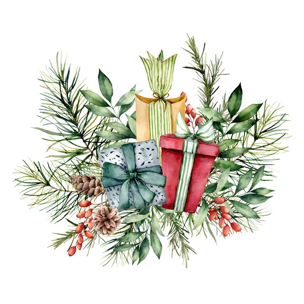 Aquarell Weihnachtskarte mit Geschenkschachteln und floralem Dekor. Handbemalte Beeren, Tannenzapfen, Tannen- und Eukalyptuszweige isoliert auf weißem Hintergrund. Urlaubsdruck für Design, Druck oder Hintergrund. — Stockfoto