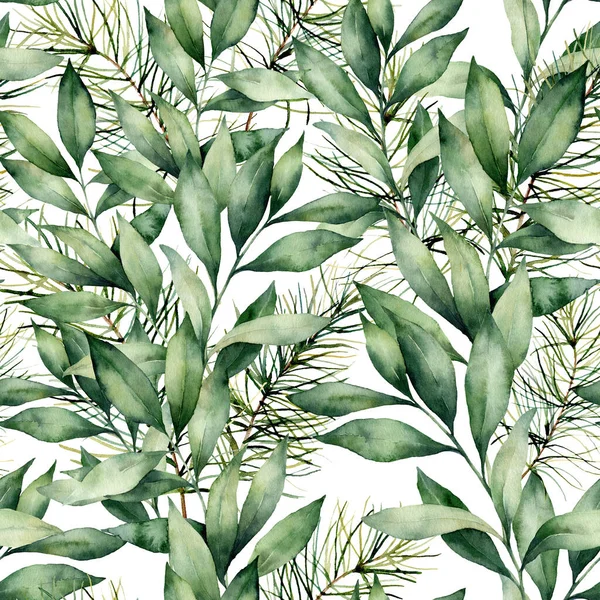 Aquarel eucalyptus en spar naadloze achtergrond. Met de hand geschilderde eucalyptus en sparren takken samenstelling geïsoleerd op witte achtergrond. Vakantie bloemen illustratie voor ontwerp, print of achtergrond. — Stockfoto