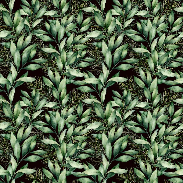 Akvarel eukalyptu větve hladké vzor. Ručně malované zelené eukalyptové větve složení izolované na černém pozadí. Dovolená květinová ilustrace pro design, tisk nebo pozadí. — Stock fotografie