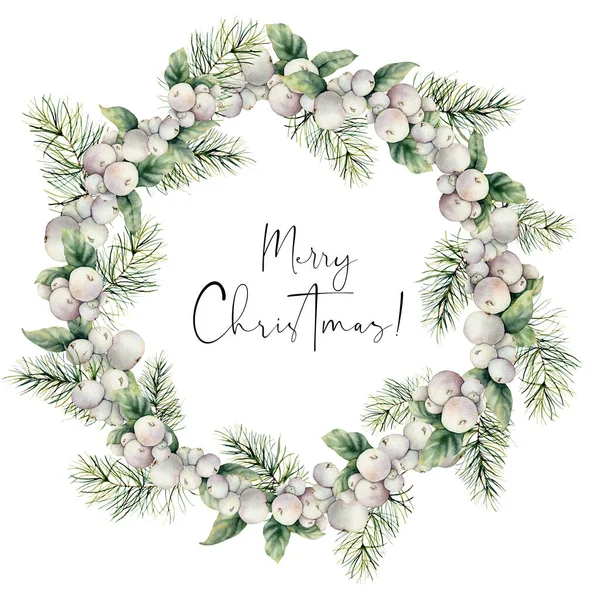 Watercolor winter wreath with snowberries and pine needles. Hand painted berries and fir branch composition isolated on white background. Holiday floral illustration for design, print or background. — Stock Photo, Image