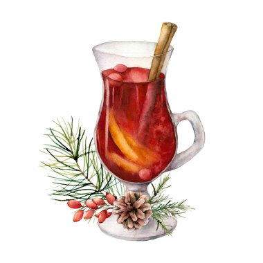 Suluboya Noel şarabı, köknar dalı ve böğürtlenli. Beyaz arka planda el boyası şarap kadehi, kozalak ve tarçın. Tasarım, baskı, kumaş veya arkaplan için kış illüstrasyonu.
