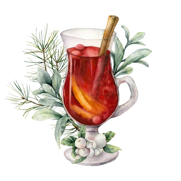 Akvarell jul glögg med lamm öron och bär. Handmålat vin glas och snöbär isolerad på vit bakgrund. Vinterillustration för design, tryck, tyg eller bakgrund. — Stockfoto