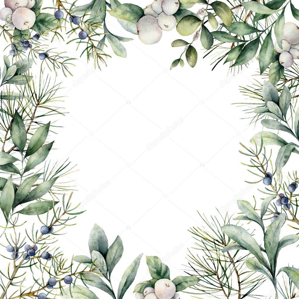 Watercolor winter plants card. Hand painted frame with juniper, snowberry, lambs ears and eucalyptus branch isolated on white background. Floral illustration for design, print, fabric or background.