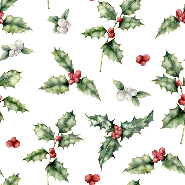 水彩ホリーとミステリークリスマスシームレスなパターン。白い背景に隔離された赤と白の果実で手描きの休日の植物。デザイン、印刷、背景のための冬の花のイラスト. — ストック写真