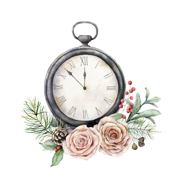 Reloj de mesa vintage acuarela con rosas. Ilustración navideña con reloj vintage aislado sobre fondo blanco. Cinco minutos para las doce del año nuevo. Para diseño, impresión, tela o fondo . — Foto de Stock