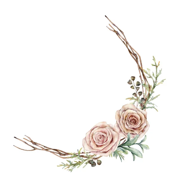 Akvarell rosa rosor och blad krans. Handmålade blommor vintage, frön, enbär och lamm öron blad isolerade på vit bakgrund. Botanisk illustration för design, tryck eller bakgrund. — Stockfoto