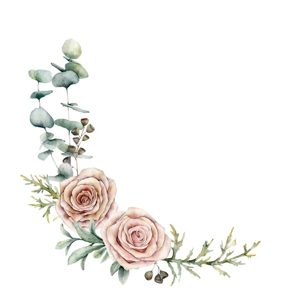 Акварельні рожеві троянди та евкаліптовий вінок. Ручні розфарбовані квіткові старовинні квіти, насіння, ялівцеві та ягнячі вуха ізольовані на білому тлі. Ботанічна ілюстрація для дизайну, друку або фону . — стокове фото