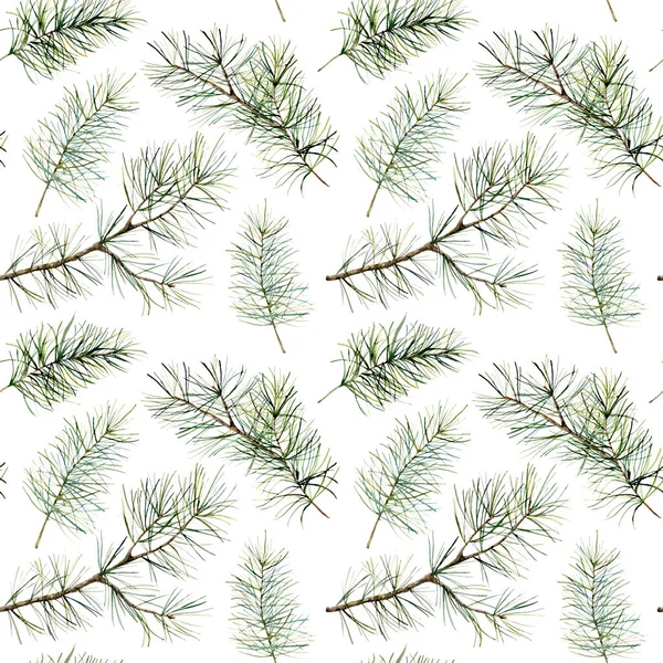 Akvarell botaniska sömlösa mönster med tall grenar. Handmålade vinter semester växter med gran isolerad på vit bakgrund. Blommig illustration för design, tryck, tyg eller bakgrund. — Stockfoto