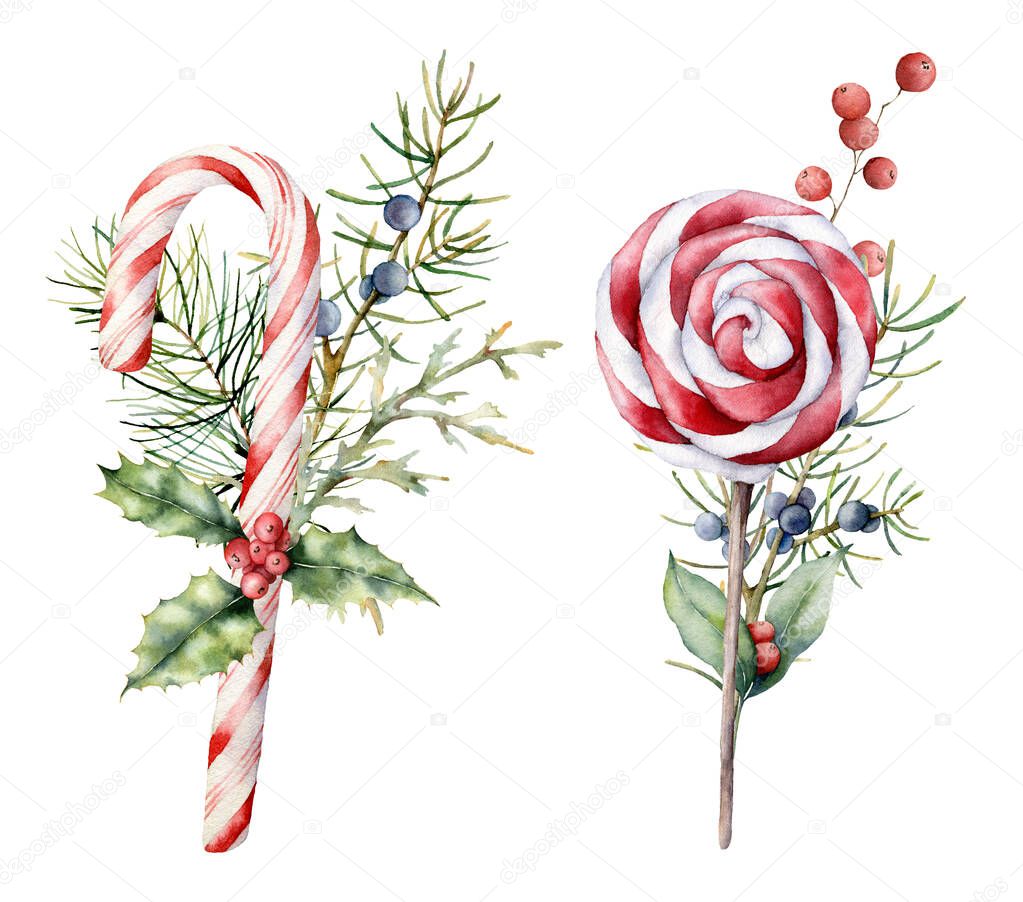 Watercolor Christmas candies with decor. Hand painted cane, striped lollipop, fir branch, holly and juniper isolated on white background. Sweet illustration for design, print, fabric or background.