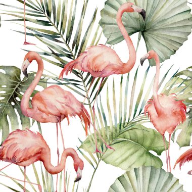 Pembe flamingo ve palmiye yapraklarıyla suluboya, dikişsiz desen. Elle boyanmış kuşlar ve orman yaprakları. Tasarım, baskı veya arkaplan için beyaz arkaplanda izole edilmiş çiçek illüstrasyonu.