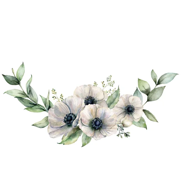 Watercolor composition with white anemones and eucalyptus leaves. Hand painted flowers and leaves isolated on white background. Botanical illustration for design, print, fabric or background. — Stock Photo, Image