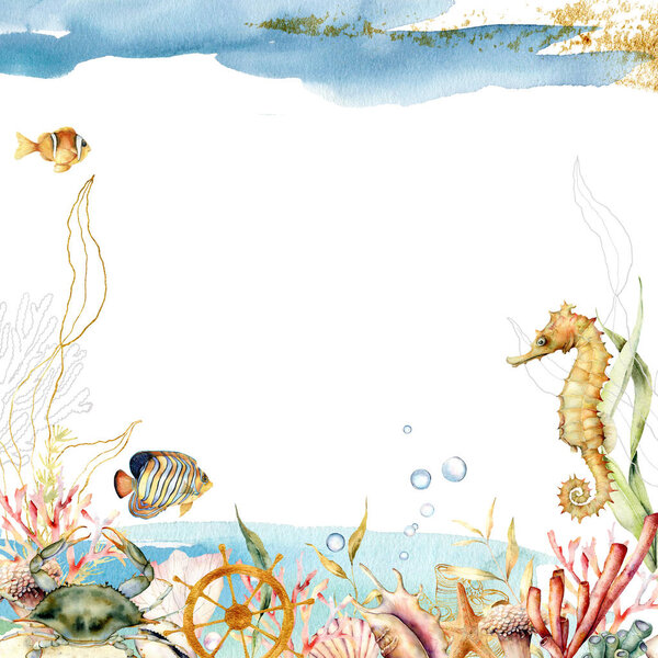 Watercolor underwater frame with composition of crab, seahorse and coral. Hand painted illustration with ocean reefs isolated on white background. Aquatic illustration for design, print or background.