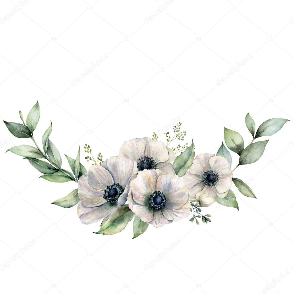 Watercolor composition with white anemones and eucalyptus leaves. Hand painted flowers and leaves isolated on white background. Botanical illustration for design, print, fabric or background.