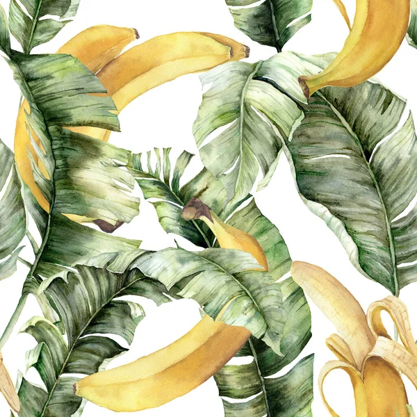 Modello di cibo acquerello con banana matura. Frutto tropicale dipinto a mano con foglie isolate su sfondo bianco. Illustrazione botanica per il design, la stampa, il tessuto o lo sfondo. Copertina estiva. — Foto Stock