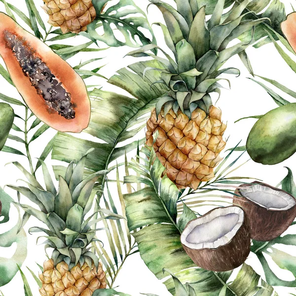 Pola makanan dengan nanas matang, kelapa dan markisa. Daun tropis yang dicat tangan terisolasi pada latar belakang putih. Ilustrasi botani untuk desain, cetak, kain atau latar belakang. — Stok Foto
