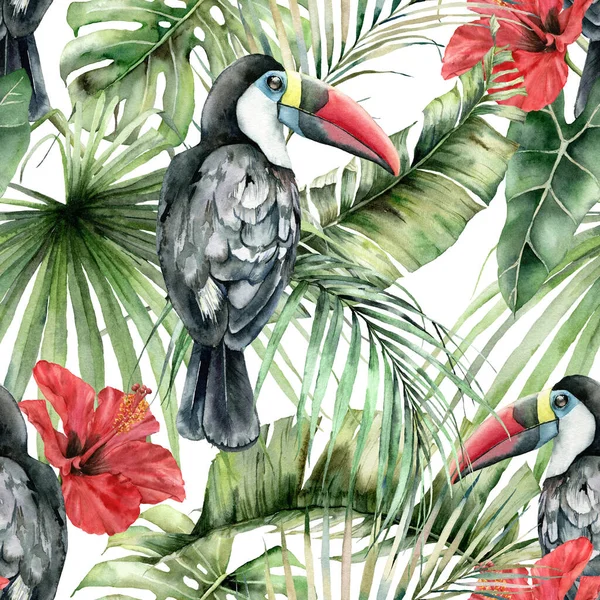 Watercolor tropical seamless pattern with toucans and hibiscus. Hand painted birds, flowers and jungle palm leaves. Floral illustration isolated on white background for design, print or background. — Stock Photo, Image