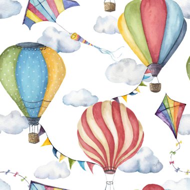 Sıcak hava balonları, uçurtmalar ve bayrak çelenkleriyle sulu boya desenleri. Beyaz arka planda izole edilmiş havadan ve bulutlardan elle boyanmış gökyüzü çizimi. Tasarım, kumaş veya arkaplan için.