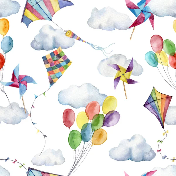 Watercolor seamless pattern with air balloons, flag garlands and kites. Hand painted sky and paper windmill illustration with clouds isolated on white background. For design fabric or background. — Stock Photo, Image