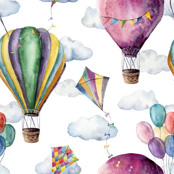 Watercolor seamless pattern with hot air balloons, flag garlands and kites. Hand painted sky illustration with aerostate and clouds isolated on white background. For design, fabric or background. — Stock Photo, Image