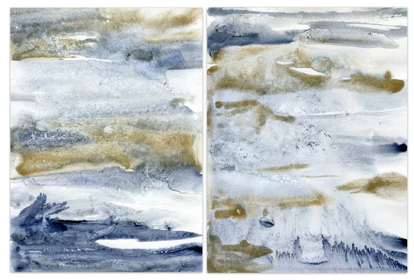 水彩画经典蓝色与黄金抽象纹理.手绘海洋抽象背景。用于设计、印刷或背景的水上经典插图. — 图库照片