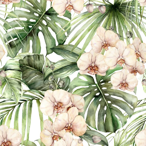 Watercolor seamless pattern with jungle palm leaves and orchids. Hand painted exotic flowers and leaves isolated on white background. Floral tropical illustration for design, fabric or background. — Stock Photo, Image