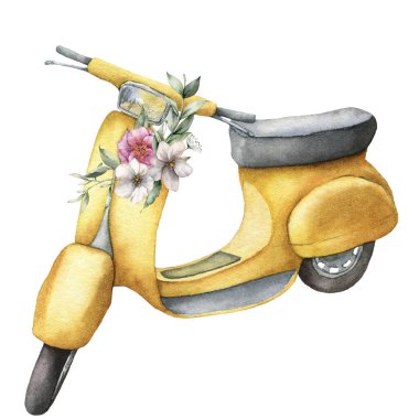 Sarı scooter ve şakayık buketli suluboya kart. Beyaz arka planda pembe ve beyaz çiçeklerle el boyaması yaz resimleri. Tasarım, baskılar, kumaş veya arkaplan için.