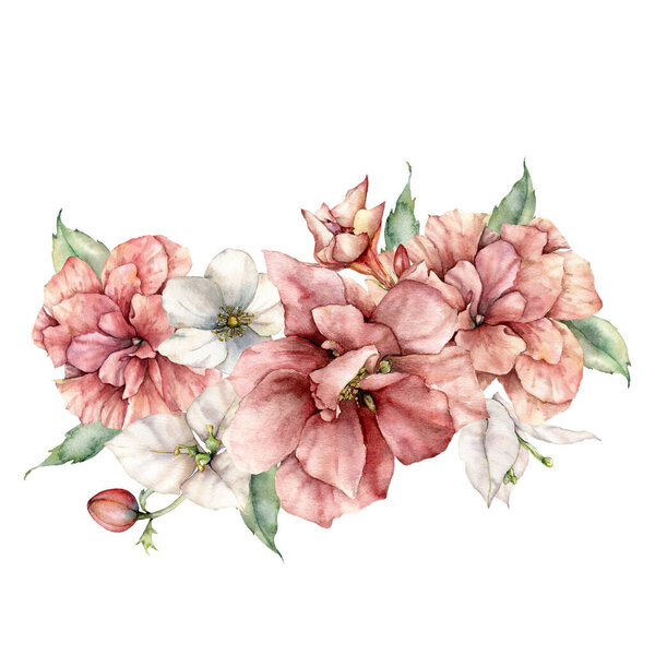 Акварель летняя карта с букет гибискуса и bougainvilleas. Ручная роспись розовые тропические цветы и листья изолированы на белом фоне. Цветочные иллюстрации для дизайна, печати или фона
.
