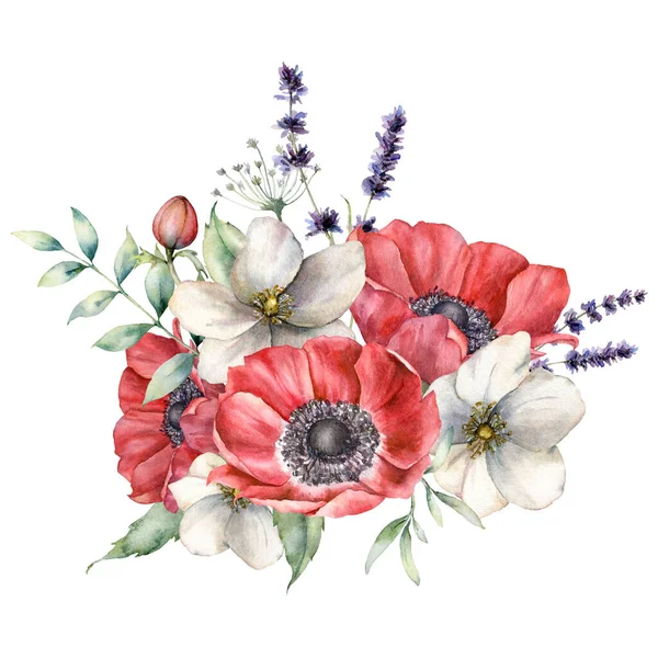 Υδατογραφία αγριολούλουδα μπουκέτο με ανεμώνες και λεβάντα. Χειροποίητα κόκκινα και λευκά λουλούδια, φύλλα ευκαλύπτου, μπουμπούκι απομονωμένο σε λευκό φόντο. Εικονογράφηση για σχεδιασμό, ύφασμα, εκτύπωση, φόντο. — Φωτογραφία Αρχείου