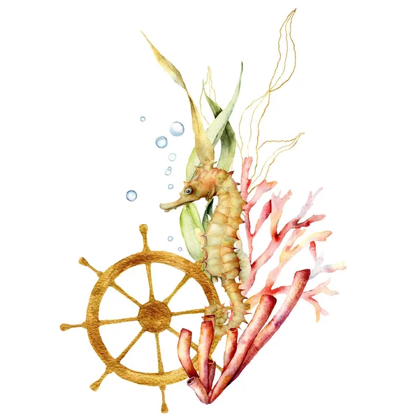 Aquarel zeepaardje, gouden helm en laminaria compositie. Hand geschilderd onderwater illustratie met koraalrif geïsoleerd op witte achtergrond. Aquatische illustratie voor ontwerp, druk of achtergrond. — Stockfoto