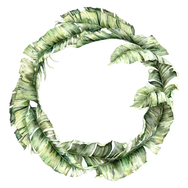 Aquarel tropische krans met bananenbladeren. Met de hand geschilderd jungle groen geïsoleerd op witte achtergrond. Bloemen illustratie voor ontwerp, print, stof of achtergrond. Sjabloonkaart met palmbladeren. — Stockfoto