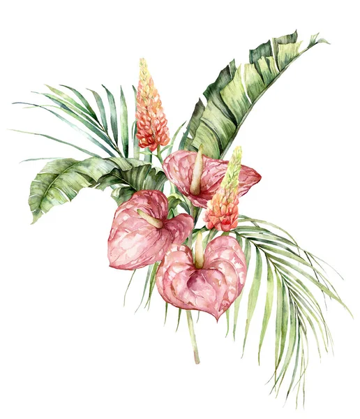 Acuarela ramo tropical con anturio, altramuz y hojas de palma. Flores tropicales pintadas a mano aisladas sobre fondo blanco. Ilustración floral para diseño, impresión, tela o fondo . — Foto de Stock