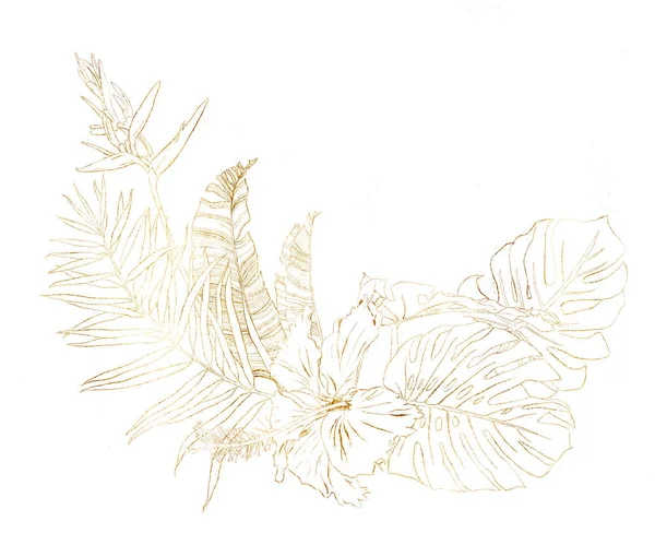 Buquê de ouro aquarela com hibisco e ramos de banana. Mão pintado flores de arte linha tropical e folhas de palma isolado no fundo branco. Ilustração floral para desenho, impressão ou fundo . — Fotografia de Stock