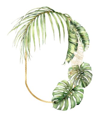 Palmiye dallı suluboya altın çerçeve. Elle boyanmış tropikal yeşillik ve canavar. Tasarım, baskı, kumaş veya arkaplan için beyaz arkaplanda izole edilmiş çiçek illüstrasyonu.