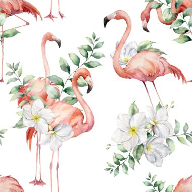 Pembe flamingolu suluboya desenli, tesisatçılık ve okaliptüs yapraklı. Tasarım, baskı, kumaş veya arkaplan için beyaz arkaplanda izole edilmiş çiçek desenli el resmi.