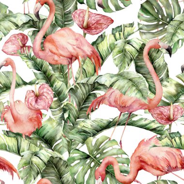 Pembe flamingolu, şarbonlu ve yapraklı suluboya desenli. El boyaması tropikal kuşlar ve yeşillik. Tasarım, baskı, kumaş, arkaplan için beyaz arkaplanda izole edilmiş çiçek illüstrasyonu.