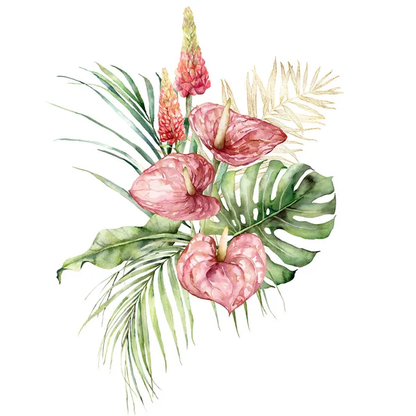 Acuarela ramo tropical con anturio, altramuz y hojas de palma dorada. Flores tropicales pintadas a mano aisladas sobre fondo blanco. Ilustración floral para diseño, impresión, tela o fondo. — Foto de Stock