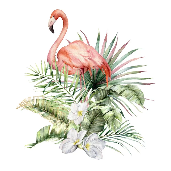 水彩缤纷的热带卡片，配上粉色火烈鸟、白色羽毛和棕榈叶花束。手绘的鸟,树叶和花朵隔离在白色的背景上.用于设计、印刷、织物的花卉图解. — 图库照片