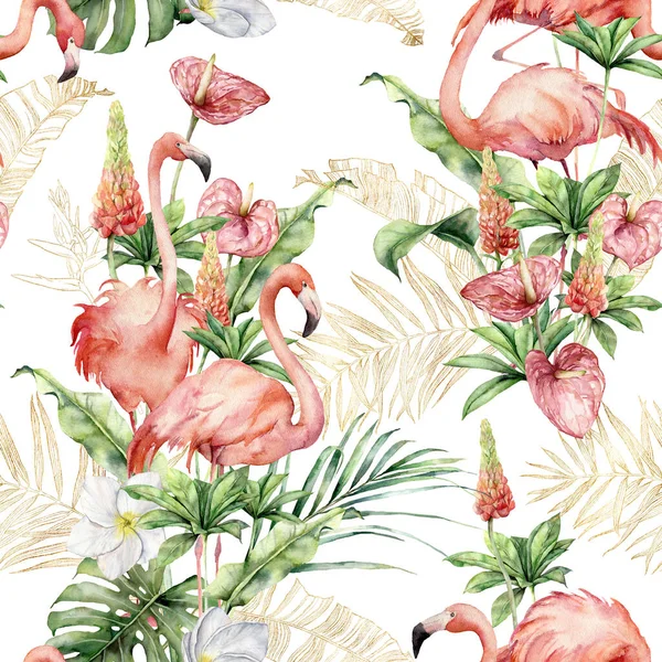 Patrón sin costuras de acuarela con flamencos rosados, flores tropicales y hojas lineales de oro. Ilustración floral pintada a mano aislada sobre fondo blanco para diseño, impresión, tela, fondo. — Foto de Stock