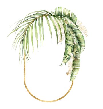 Tropik yeşillik ve doğrusal palmiye dallı suluboya altın çerçeve. Elle boyanmış yapraklar ve muz yaprakları. Tasarım, baskı, kumaş veya arkaplan için beyaz arkaplanda izole edilmiş çiçek illüstrasyonu.