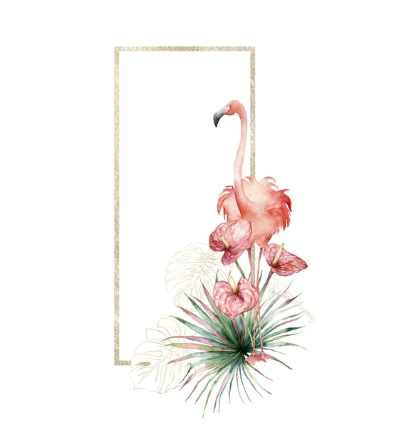 Cadre aquarelle doré avec flamant rose, branche de palmier linéaire et anthurium. Oiseau tropical peint à la main, fleurs et feuilles. Illustration florale isolée sur fond blanc pour la conception, impression, tissu. — Photo