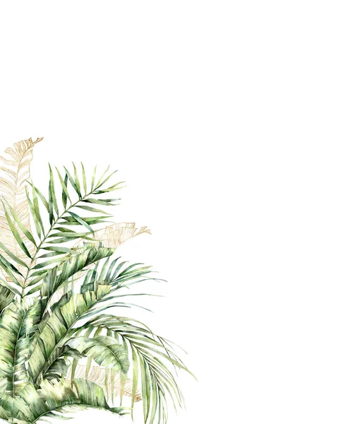 ヤシの枝と水彩金カード。手で熱帯線状の緑とヤシの葉を描いた。デザイン、プリント、ファブリックまたは背景のための白い背景に隔離された花のイラスト. — ストック写真