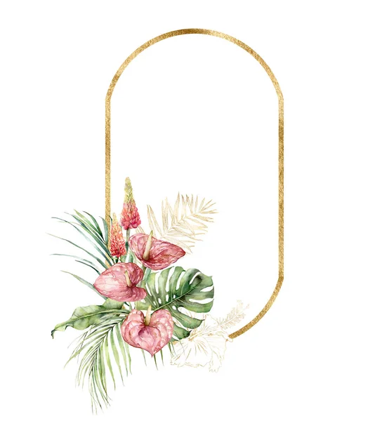 Watercolor tropical gold frame with bouquet of anthurium, lupine and palm leaves. Hand painted linear tropical flowers isolated on white background. Floral illustration for design, print, background.