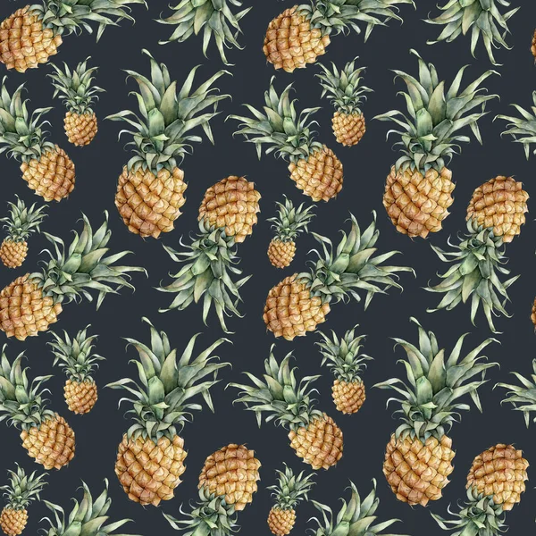 Patrón sin costuras de acuarela con piña madura. Frutos tropicales pintados a mano con hojas aisladas sobre fondo negro. Ilustración de alimentos botánicos para diseño, impresión, tela, interior o fondo. —  Fotos de Stock