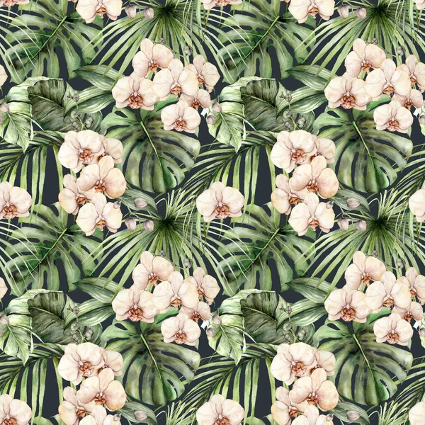 Aquarelle motif sans couture avec des orchidées et des feuilles de palmier jungle. Fleurs exotiques peintes à la main et feuilles isolées sur fond noir. Illustration tropicale florale pour design, tissu ou fond. — Photo