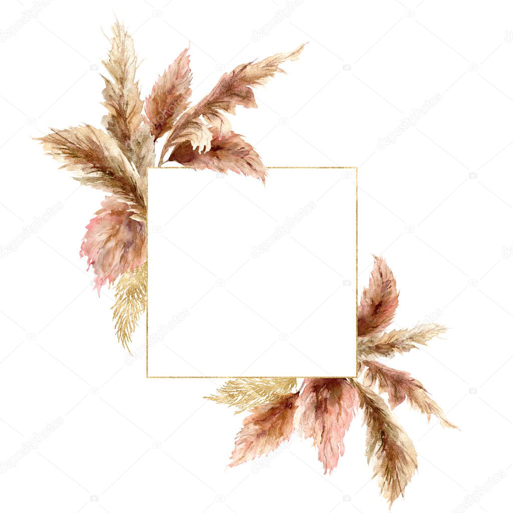 Watercolor tropical bouquet with dry pampas grass and gold frame. Hand painted exotic border isolated on white background. Floral illustration for design, print, fabric or background.