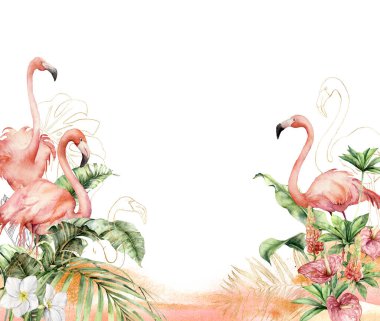 Flamingo ve çiçeklerle suluboya tropikal sınır. Elle boyanmış altın kuşlar, şarbon, lupin ve yapraklar. Tasarım, baskı ve arkaplan için beyaz arkaplanda izole edilmiş çiçek doğrusal illüstrasyon.
